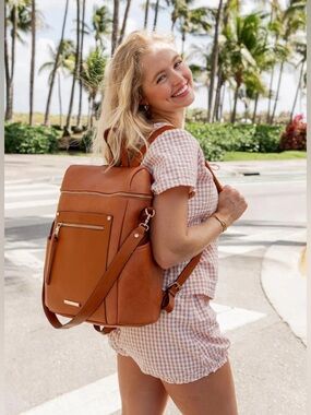 Poppy & Peonies Commuter Backpack Cognac - Work Bag Weekender Bag Diaper Bag